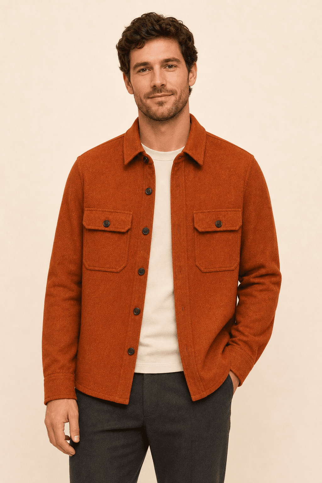 Shopper wearing the selected rust overshirt