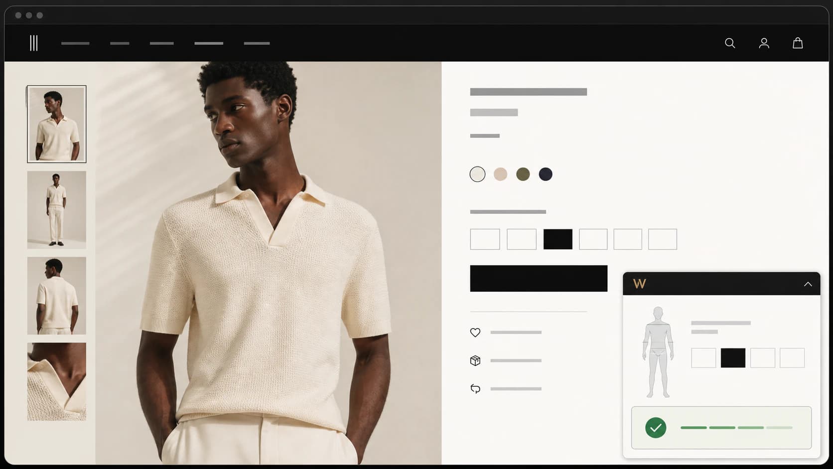 WooChim fit guidance embedded directly inside an existing apparel product page