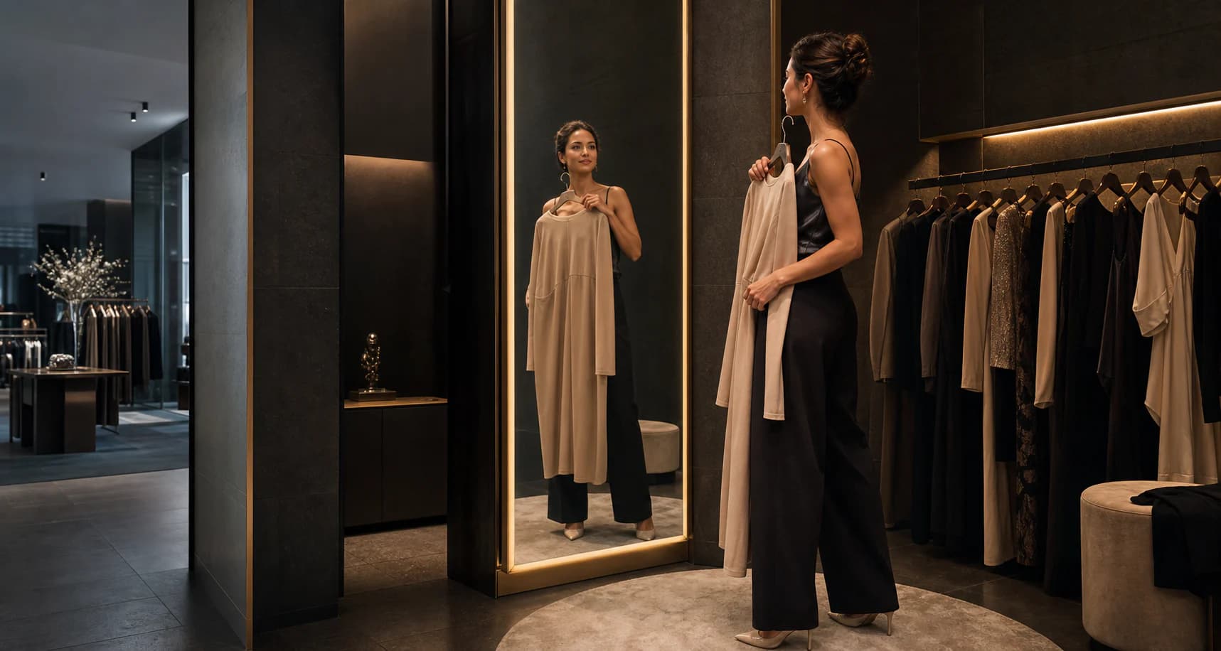 A shopper considering a garment in a premium fitting room