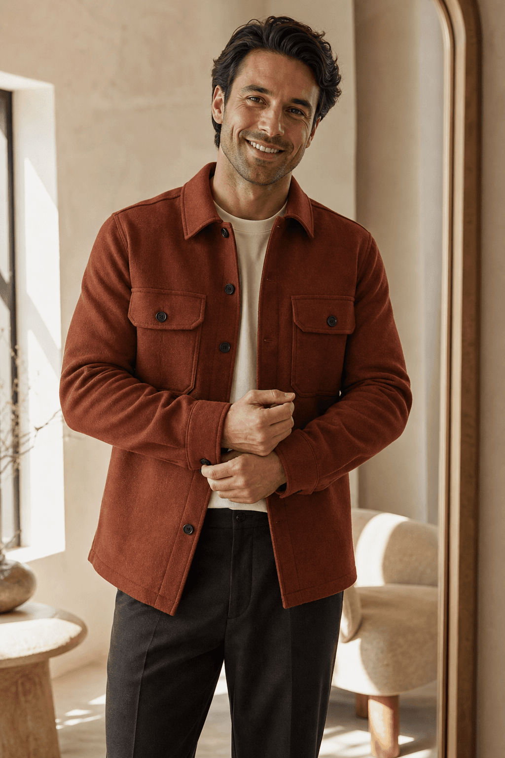 A happy customer confident in the fit of his rust overshirt