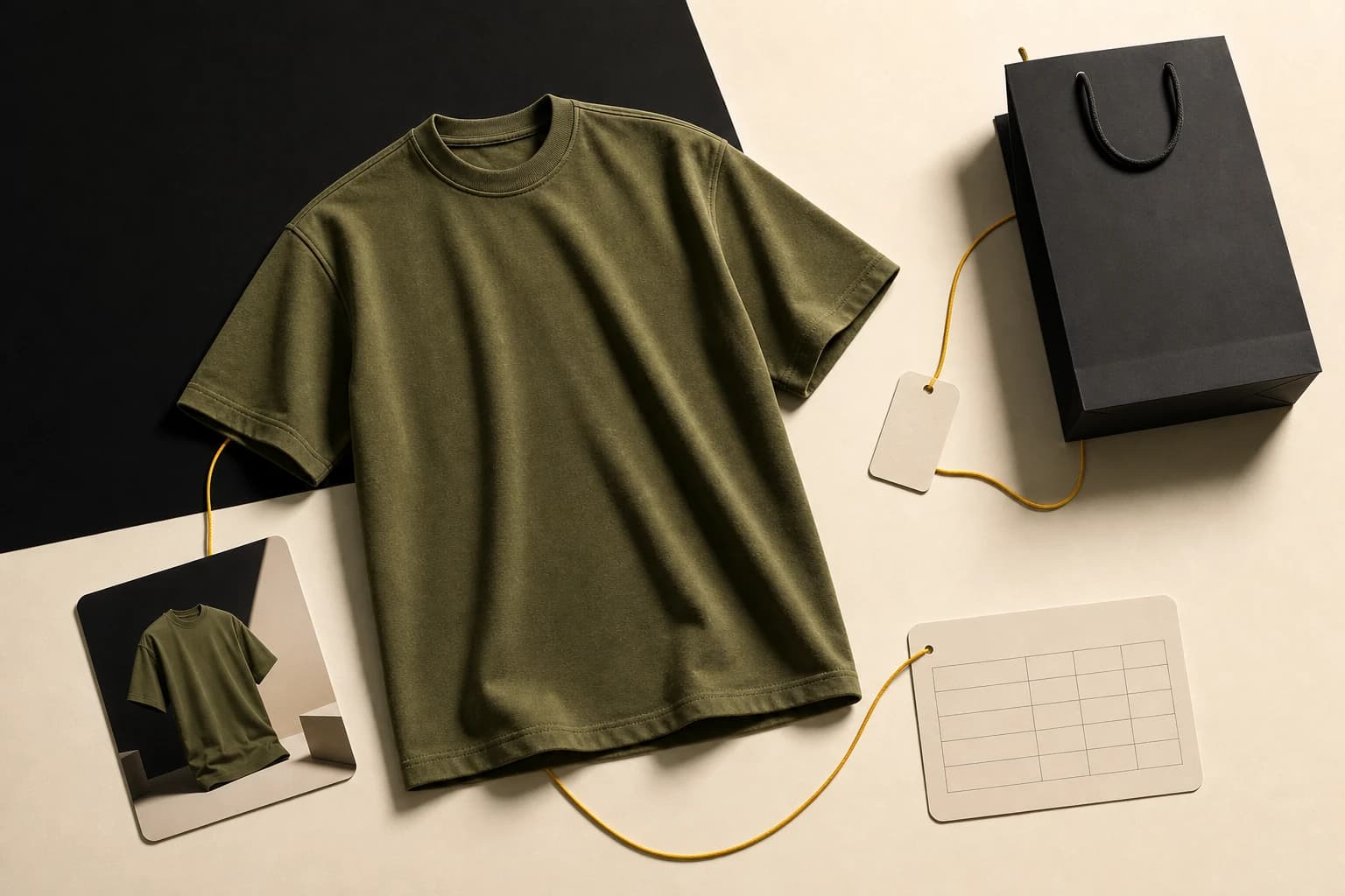 An olive T-shirt connected to product imagery, a size chart, and an order bag