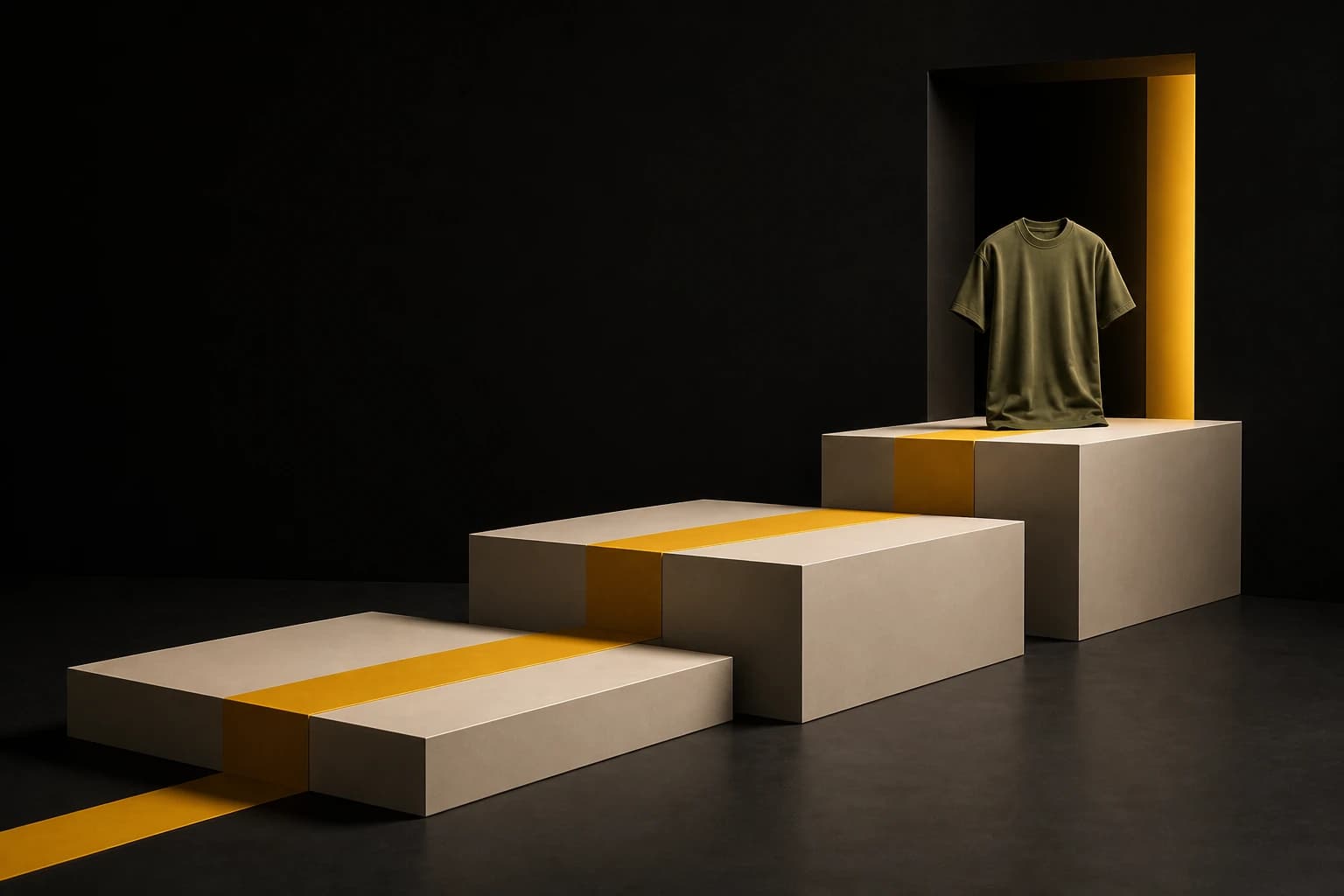Three ascending stages leading an olive T-shirt into a retail doorway