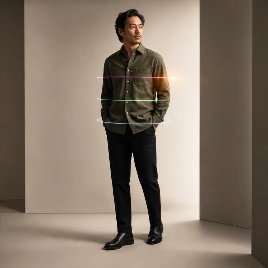 A shopper wearing the recommended size with clear fit zones