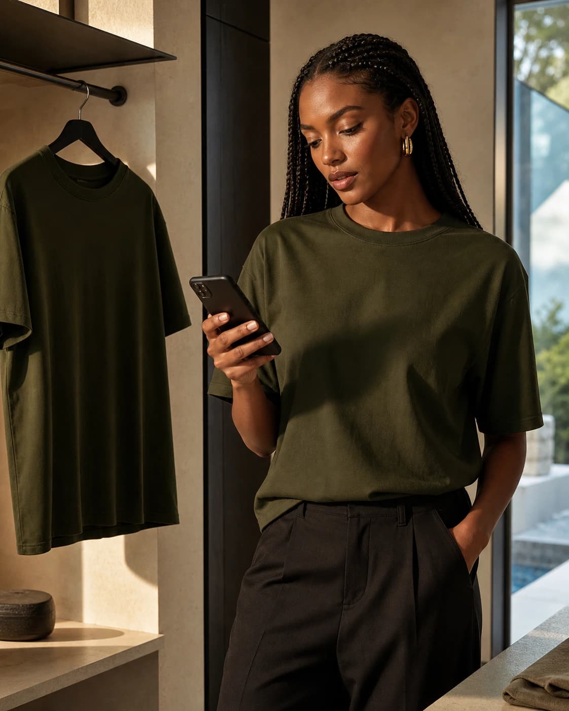 A shopper confidently checking the fit of an olive T-shirt
