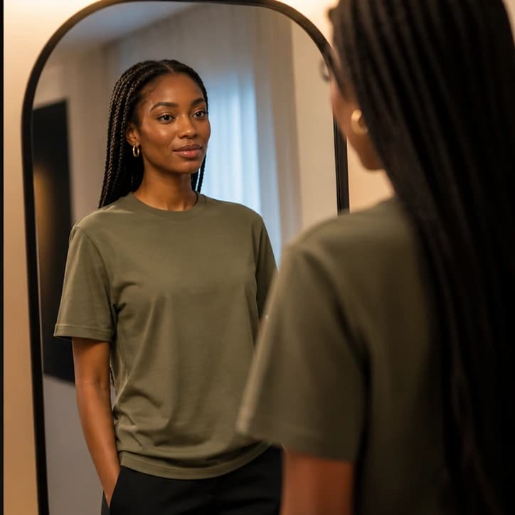 A shopper confidently previewing the finished garment in a mirror
