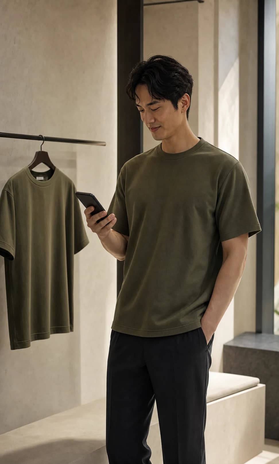A shopper privately checking the fit of an olive T-shirt