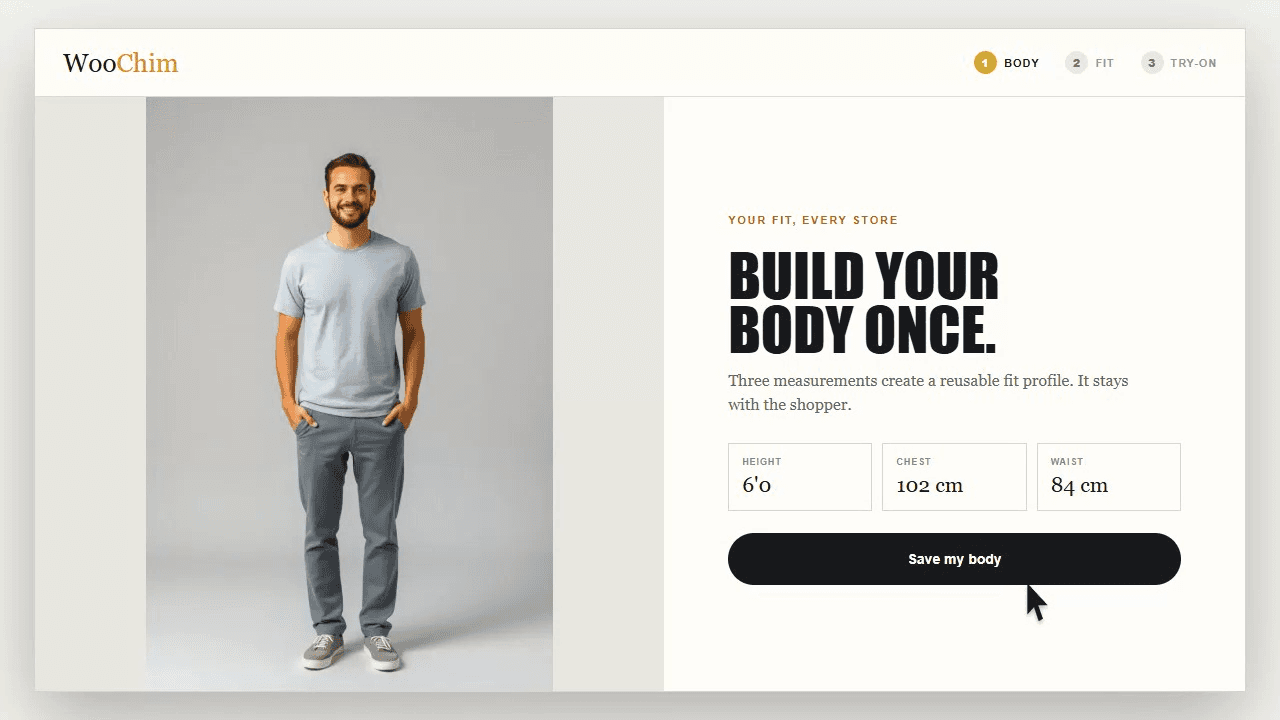 WooChim shopper flow from body profile to fit and try-on