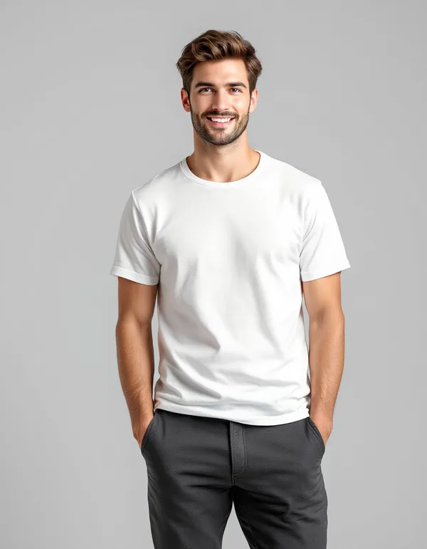 A model in a plain white t-shirt, ready for a try-on